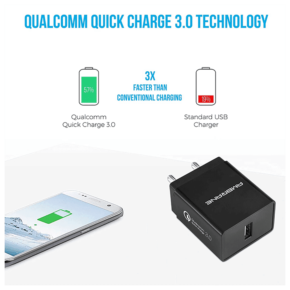 Buy ambrane 18W Type A Quick Charger (Adapter Only, Quick Charge 3.0, Black) Online Croma